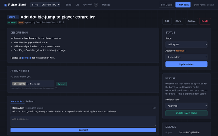 A task's detail page — formatted description, task-code auto-linking, status controls, and comments.